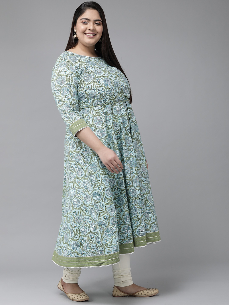 Women'S Plus Size Cotton Floral Printed Anarkali Kurti (Blue)