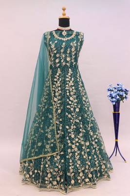 Teal embroidered butterfly net semi stitched anarkali suit 4