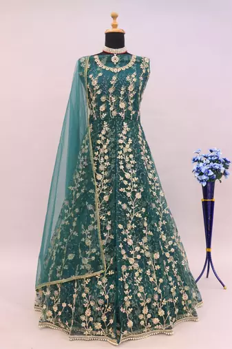 Teal embroidered butterfly net anarkali suit