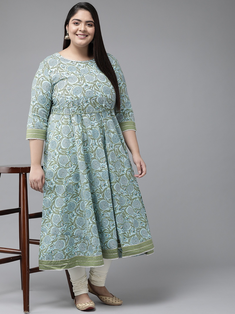 Women'S Plus Size Cotton Floral Printed Anarkali Kurti (Blue)