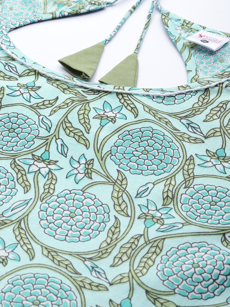 Women'S Plus Size Cotton Floral Printed Anarkali Kurti (Blue)