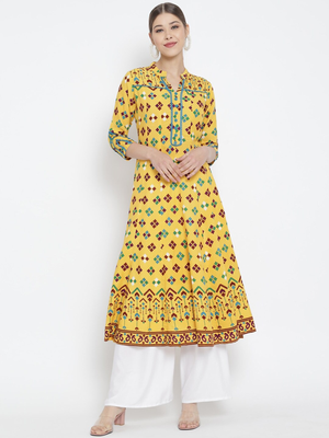  women's rayon patola printed anarkali kurti (yellow) 2