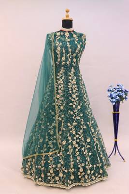 Teal embroidered butterfly net semi stitched anarkali suit 5