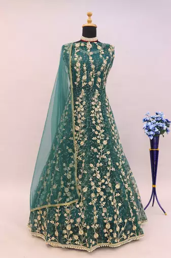 Teal embroidered butterfly net anarkali suit