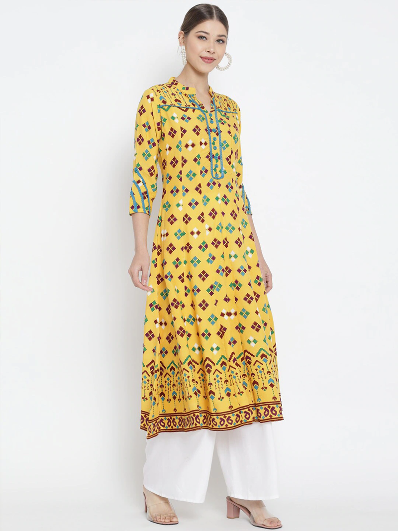 Yash gallery women's rayon patola printed anarkali kurti (yellow)