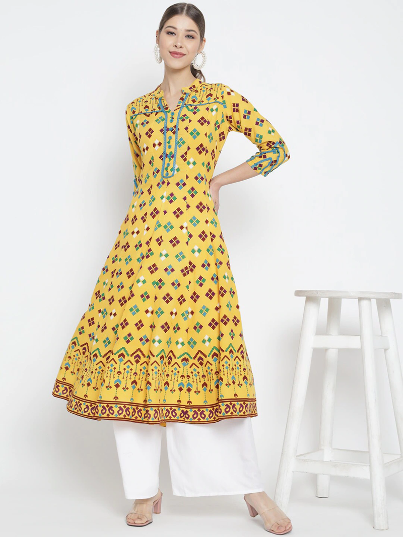 Yash gallery women's rayon patola printed anarkali kurti (yellow)