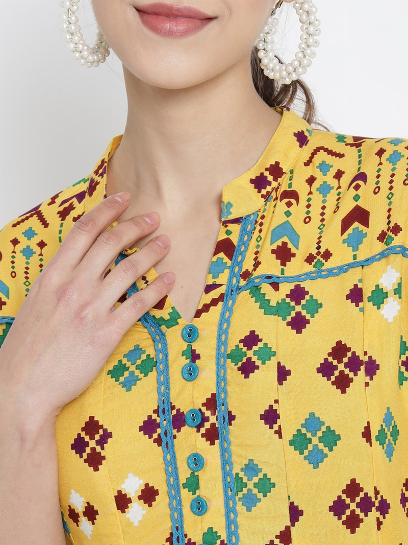 Yash gallery women's rayon patola printed anarkali kurti (yellow)