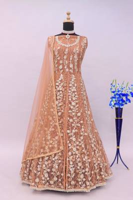Orange embroidered butterfly net semi stitched anarkali suit 3