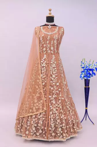Orange embroidered butterfly net anarkali suit