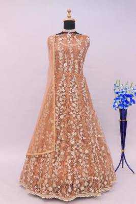 Orange embroidered butterfly net semi stitched anarkali suit 4