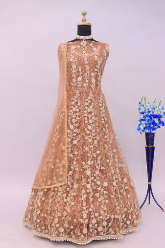 Orange embroidered butterfly net anarkali suit