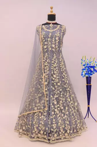 Grey embroidered butterfly net anarkali suit