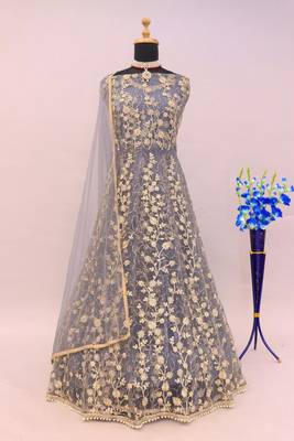 Grey embroidered butterfly net semi stitched anarkali suit 4