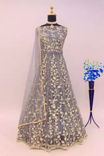 Grey embroidered butterfly net anarkali suit