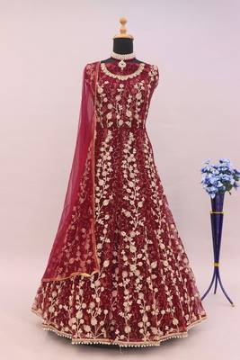 Wine embroidered butterfly net semi stitched anarkali suit 3