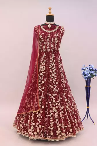 Wine embroidered butterfly net anarkali suit