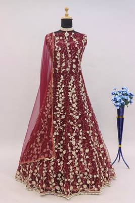 Wine embroidered butterfly net semi stitched anarkali suit 4