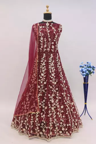 Wine embroidered butterfly net anarkali suit