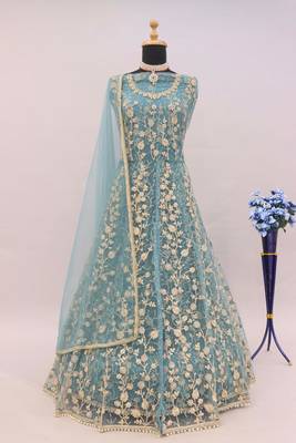 Sky blue embroidered butterfly net semi stitched anarkali suit 4