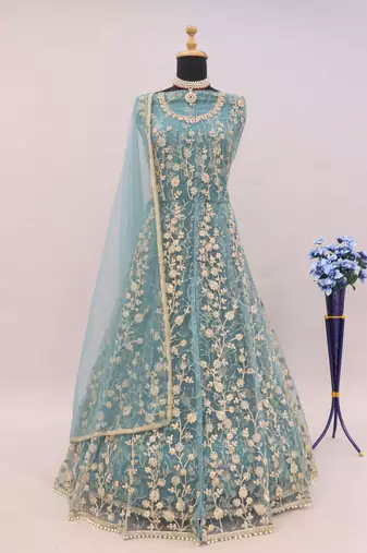 Sky blue embroidered butterfly net anarkali suit