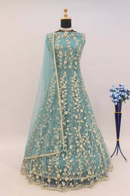Sky blue embroidered butterfly net semi stitched anarkali suit 5