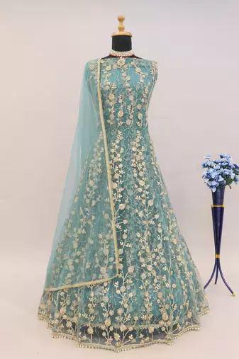 Sky blue embroidered butterfly net anarkali suit