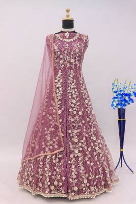 Lavender embroidered butterfly net semi stitched anarkali suit 4