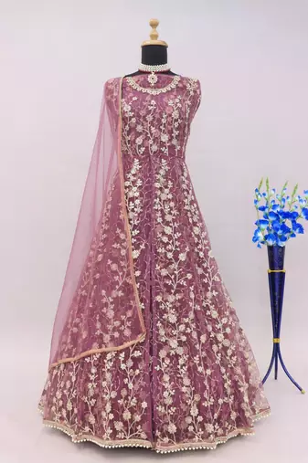 Lavender embroidered butterfly net anarkali suit