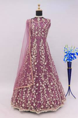 Lavender embroidered butterfly net semi stitched anarkali suit 5