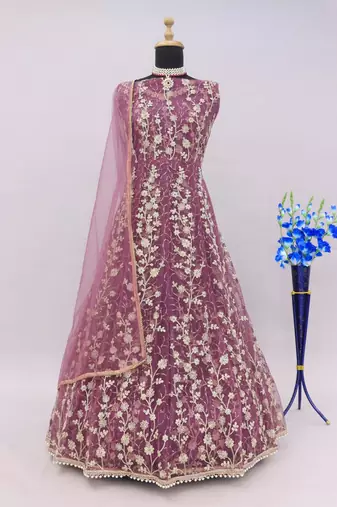 Lavender embroidered butterfly net anarkali suit