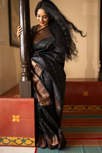 Black Color silk Blend Sarees With Blouse