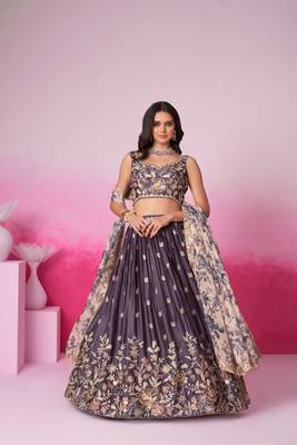Purple Satin silk Sequins embroidery Semi-Stitched Lehenga choli & Dupatta 1