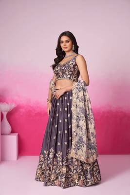 Purple Satin silk Sequins embroidery Semi-Stitched Lehenga choli & Dupatta 2