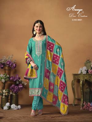 Turquoise embroidered chinon silk salwar suit with dupatta 1