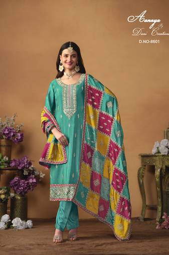 Turquoise color chinon silk salwar suits with chinon silk dupatta