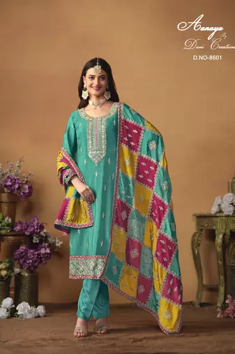 Turquoise color chinon silk salwar suits with chinon silk dupatta