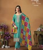 Turquoise color chinon silk salwar suits with chinon silk dupatta