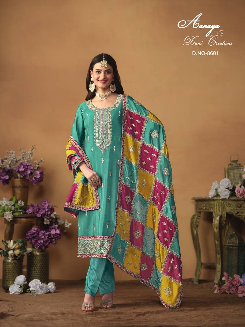 Turquoise color chinon silk salwar suits with chinon silk dupatta