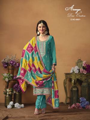 Turquoise embroidered chinon silk salwar suit with dupatta 2