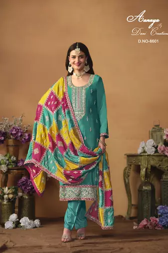 Turquoise embroidered chinon silk salwar suit with dupatta