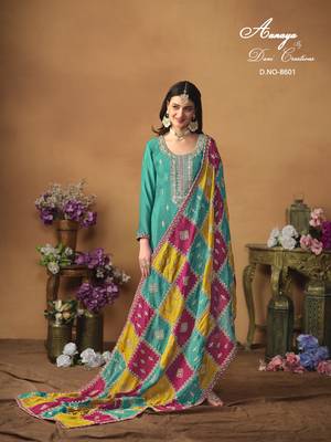Turquoise embroidered chinon silk salwar suit with dupatta 3