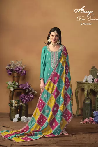 Turquoise embroidered chinon silk salwar suit with dupatta