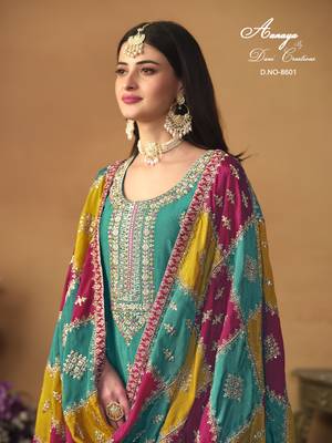 Turquoise embroidered chinon silk salwar suit with dupatta 4