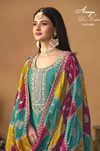 Turquoise embroidered chinon silk salwar suit with dupatta