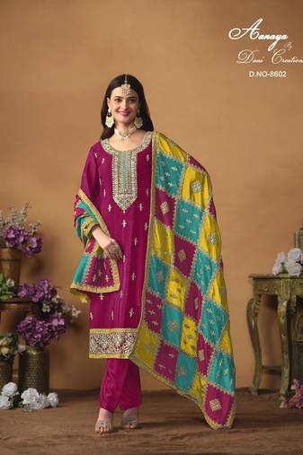 Rani pink embroidered chinon silk salwar suit with dupatta