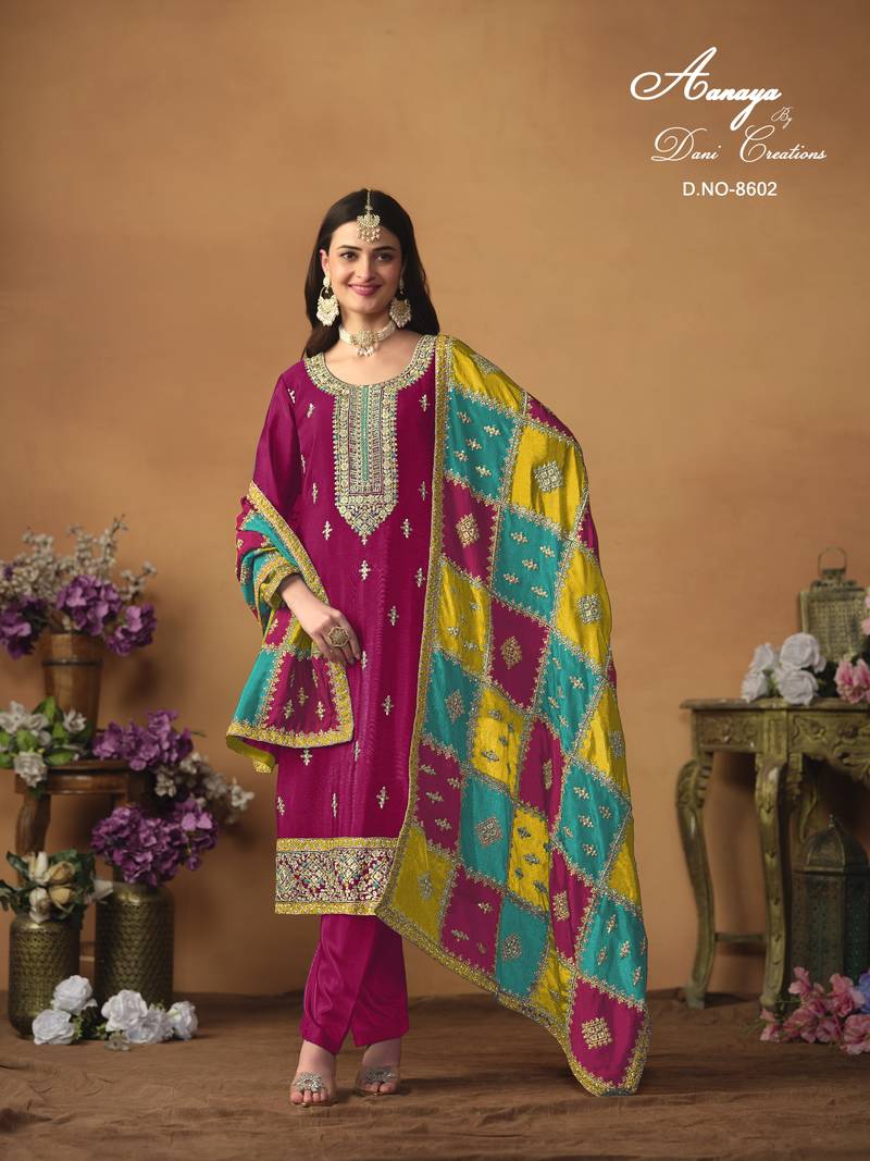 Rani pink color chinon silk salwar suits with chinon silk dupatta