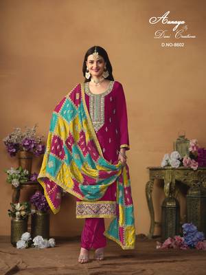 Rani pink embroidered chinon silk salwar suit with dupatta 2