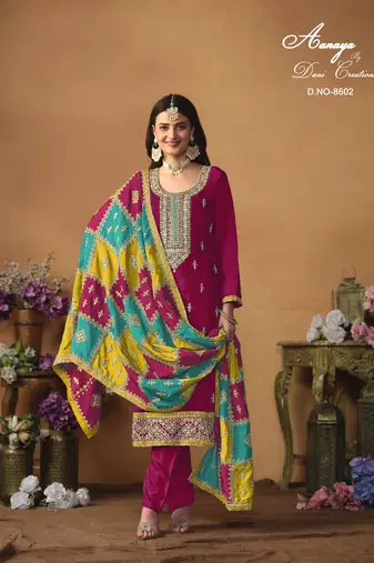 Rani pink embroidered chinon silk salwar suit with dupatta