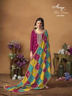 Rani pink embroidered chinon silk salwar suit with dupatta 3
