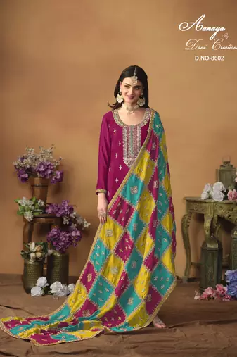 Rani pink embroidered chinon silk salwar suit with dupatta